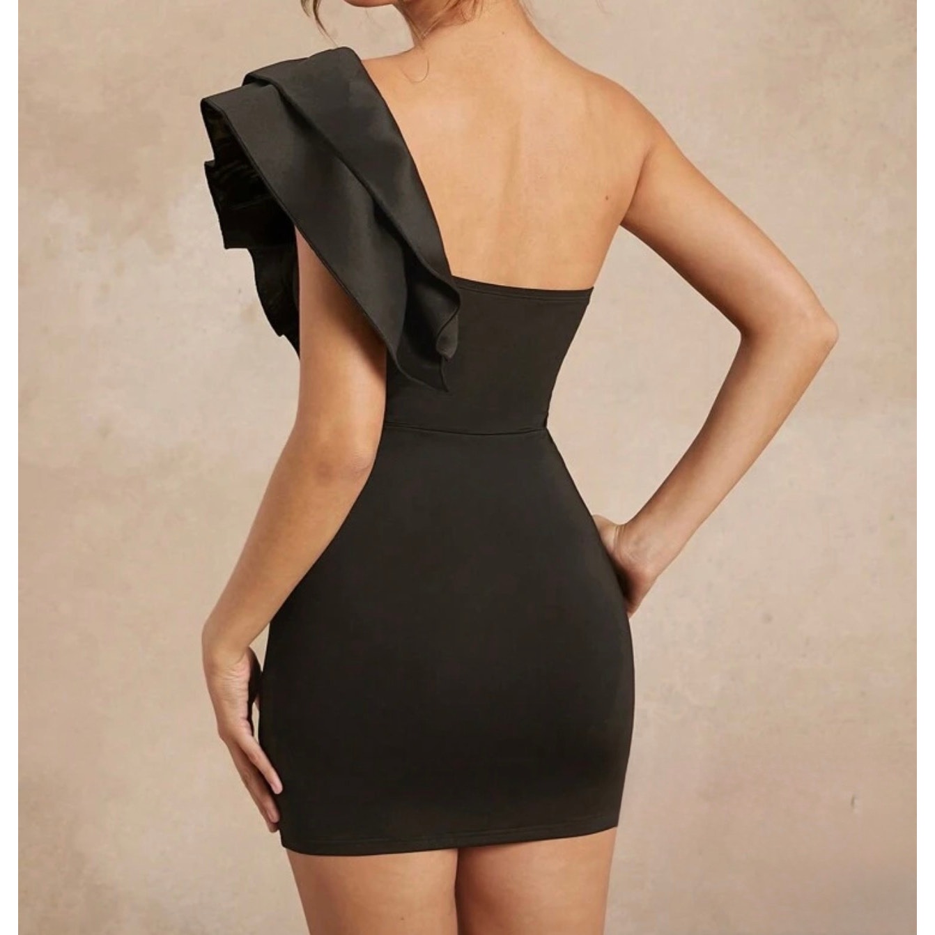 One Shoulder Black Bodycon Mini Dress – Ruffle Detail – Small (NWT)