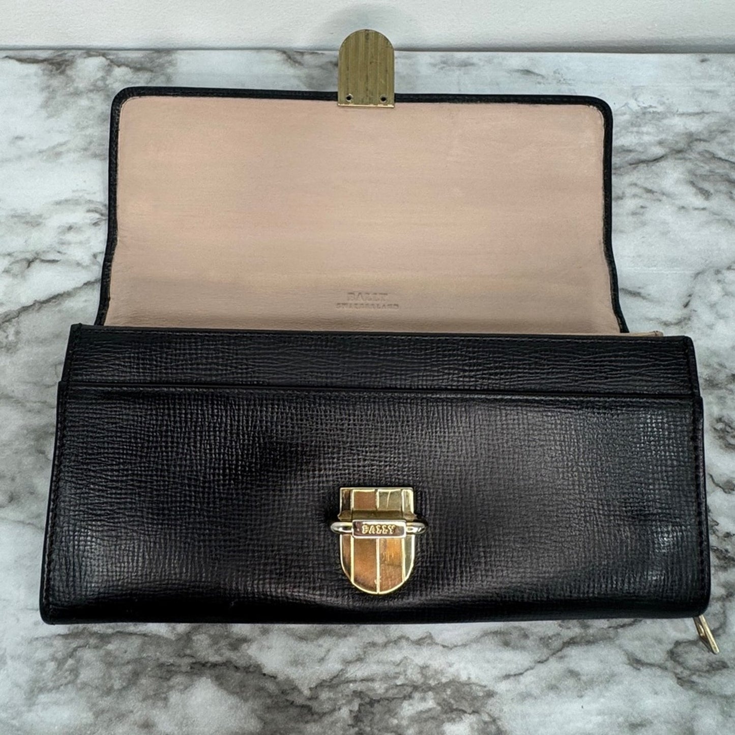 Bally Black Leather Leisa Long Wallet Gold Clasp Genuine Leather