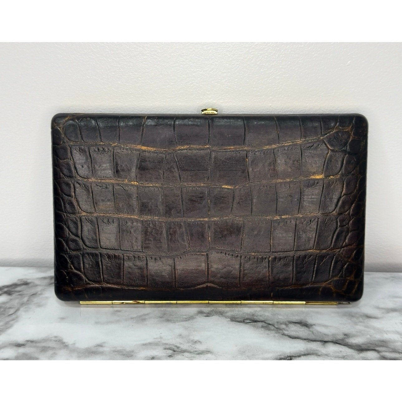 Abas Vintage Framed Clutch Wallet Brown Croc Embossed Leather Cache