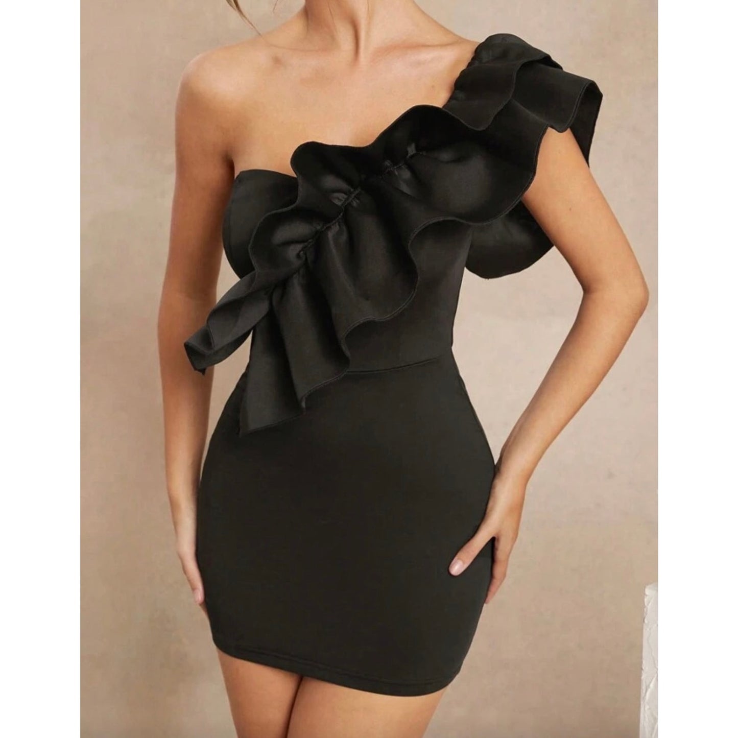 One Shoulder Black Bodycon Mini Dress – Ruffle Sleeve Medium NWT