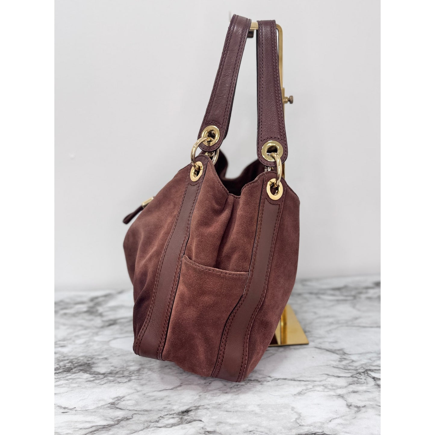 Michael Kors Brown Suede Leather Hobo Shoulder Bag | Gold Hardware, Pockets