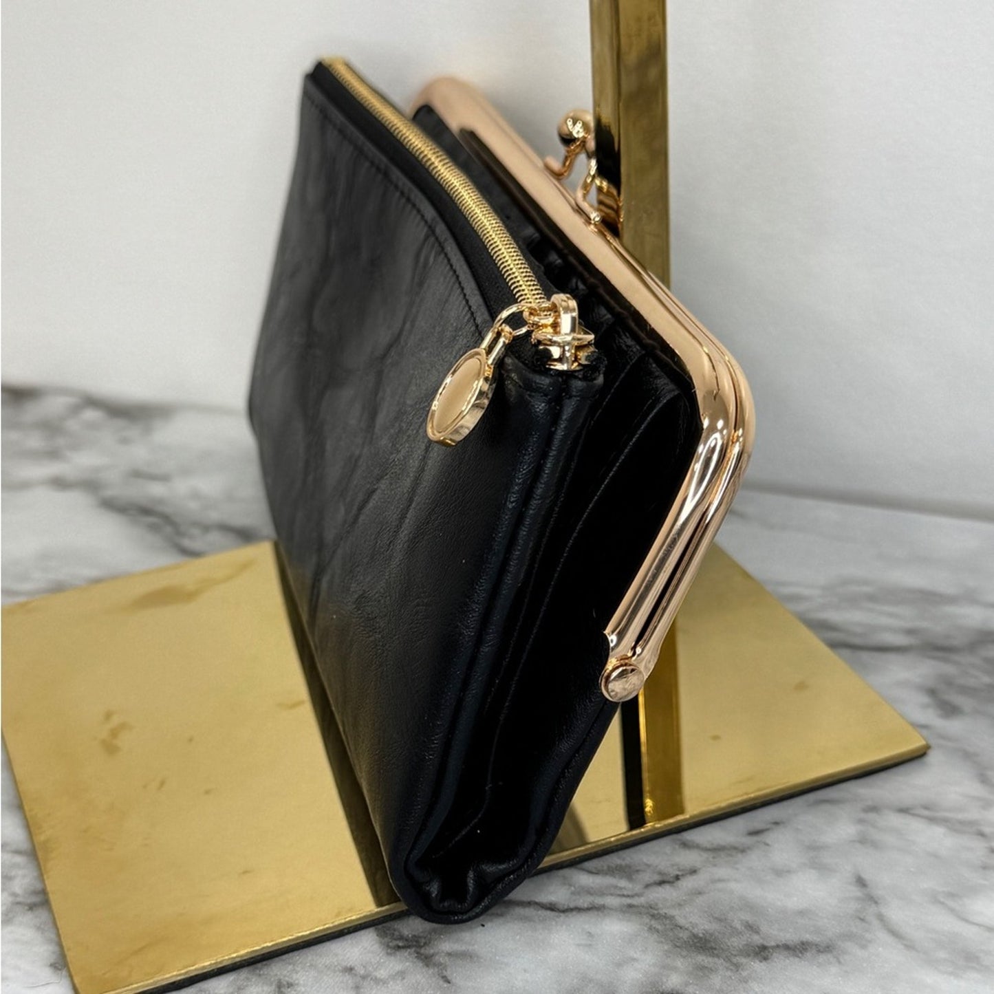 Black Wallet with Gold Kiss Lock & Zipper – Card Slots & ID Window