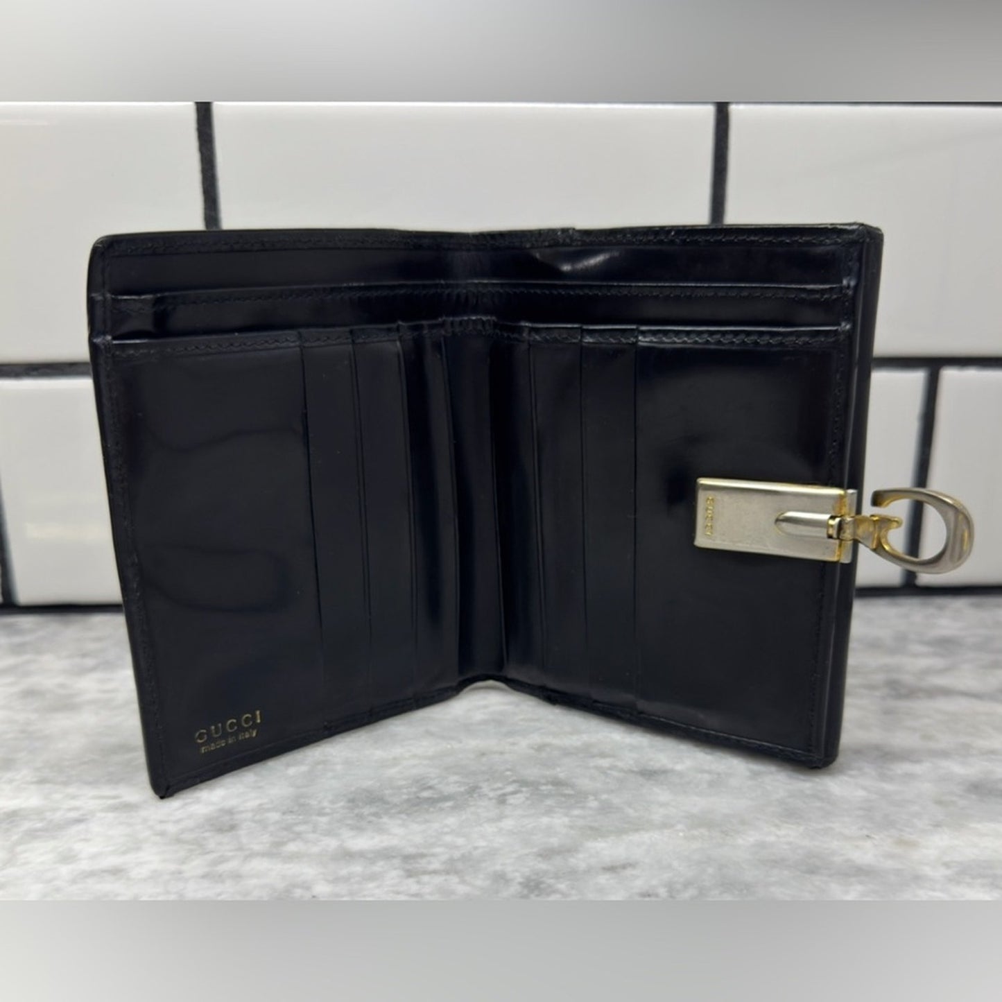 Gucci Black Leather Wallet with G Clasp | Red Interior | Vintage