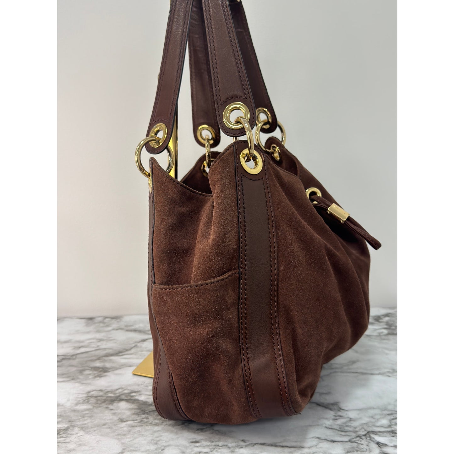 Michael Kors Brown Suede Leather Hobo Shoulder Bag | Gold Hardware, Pockets