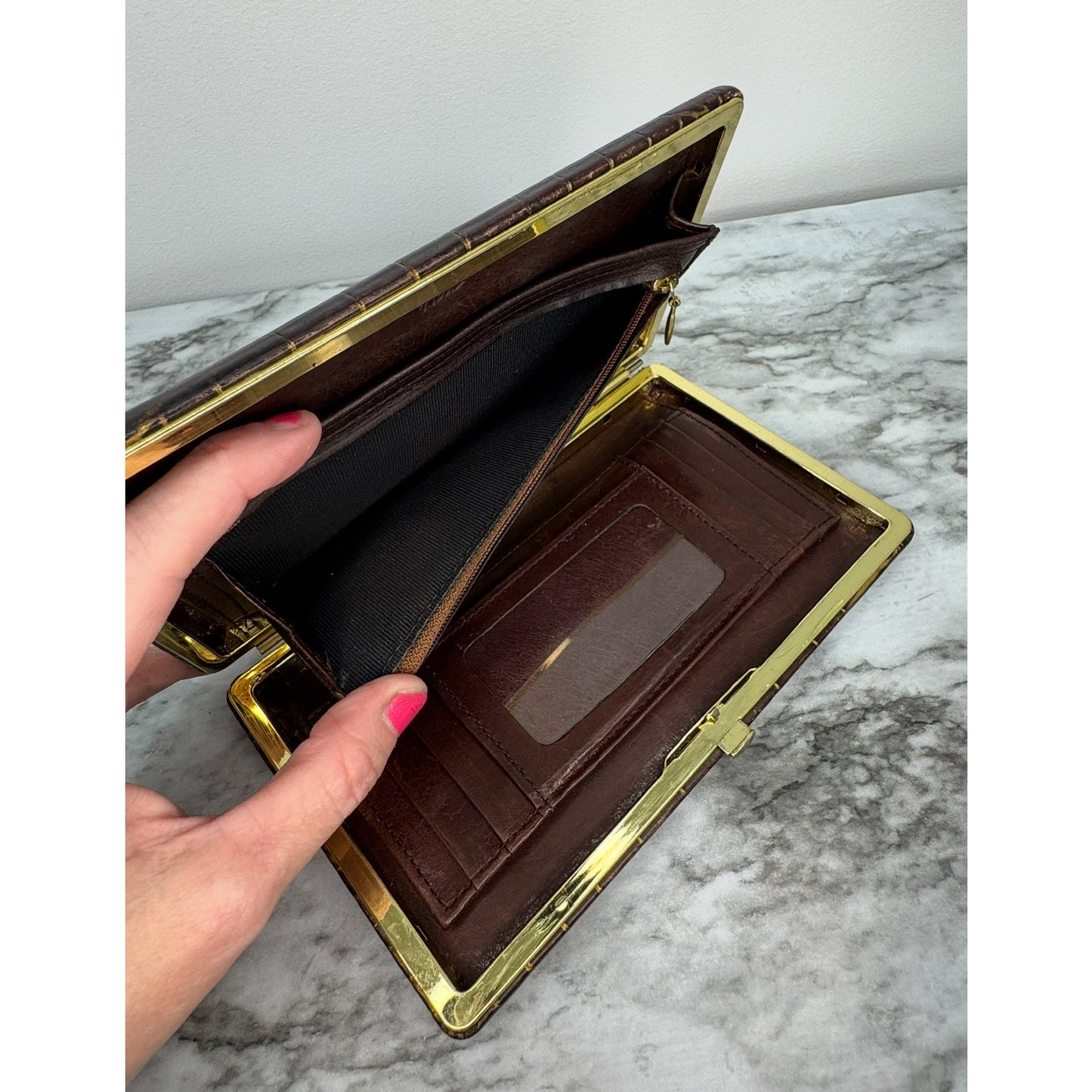 Abas Vintage Framed Clutch Wallet Brown Croc Embossed Leather Cache