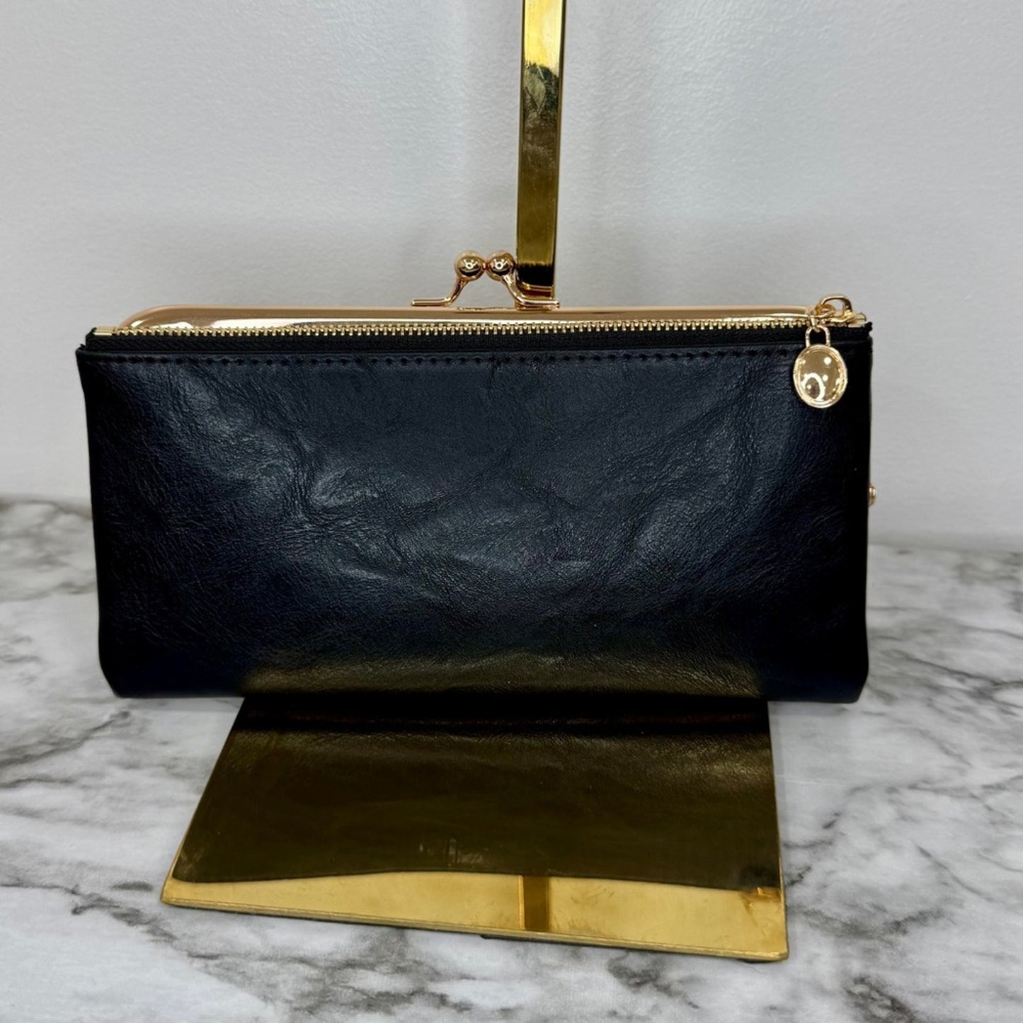 Black Wallet with Gold Kiss Lock & Zipper – Card Slots & ID Window