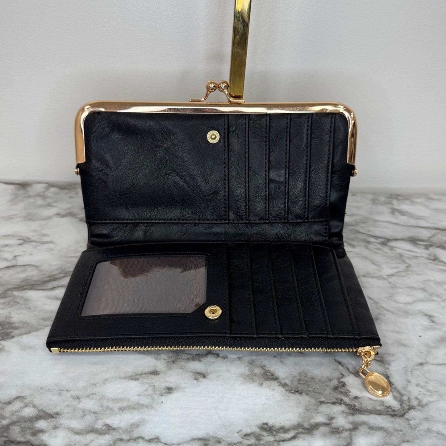 Black Wallet with Gold Kiss Lock & Zipper – Card Slots & ID Window