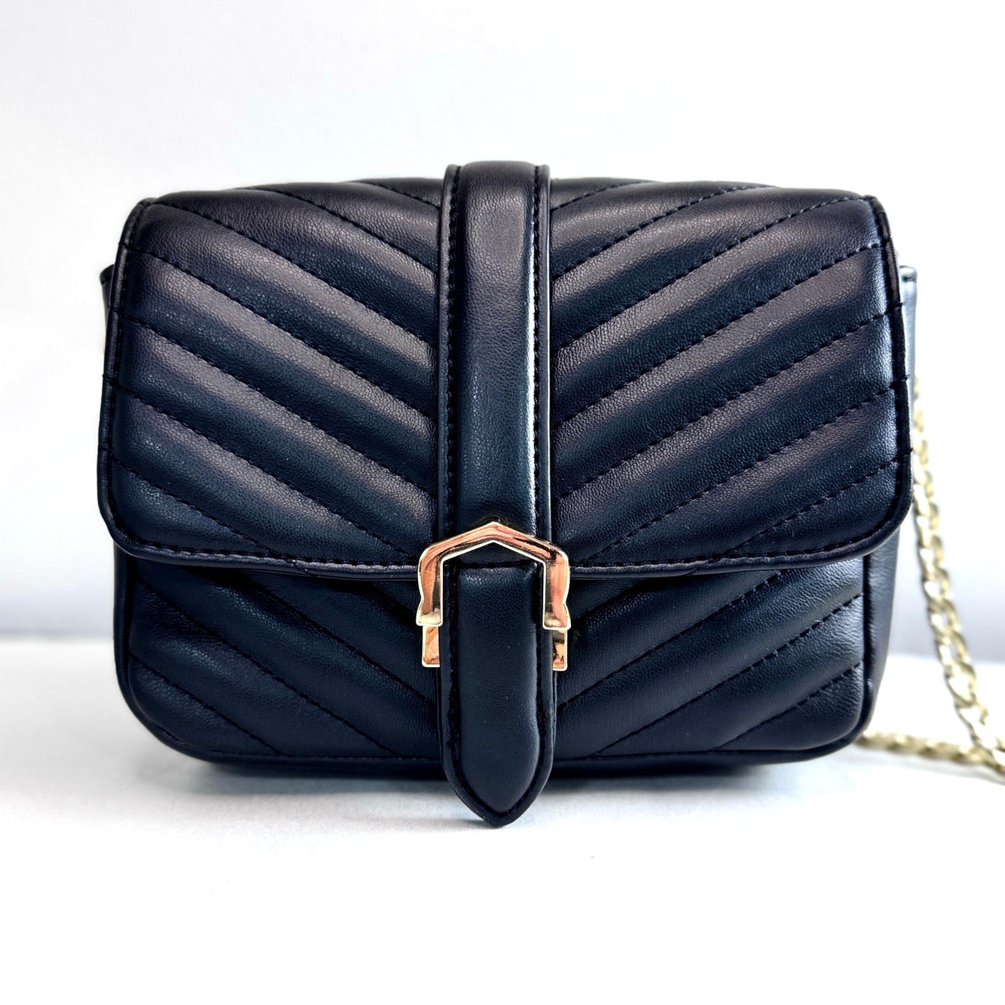 TOPSHOP Quilted Black Crossbody Bag with Gold Chain Strap