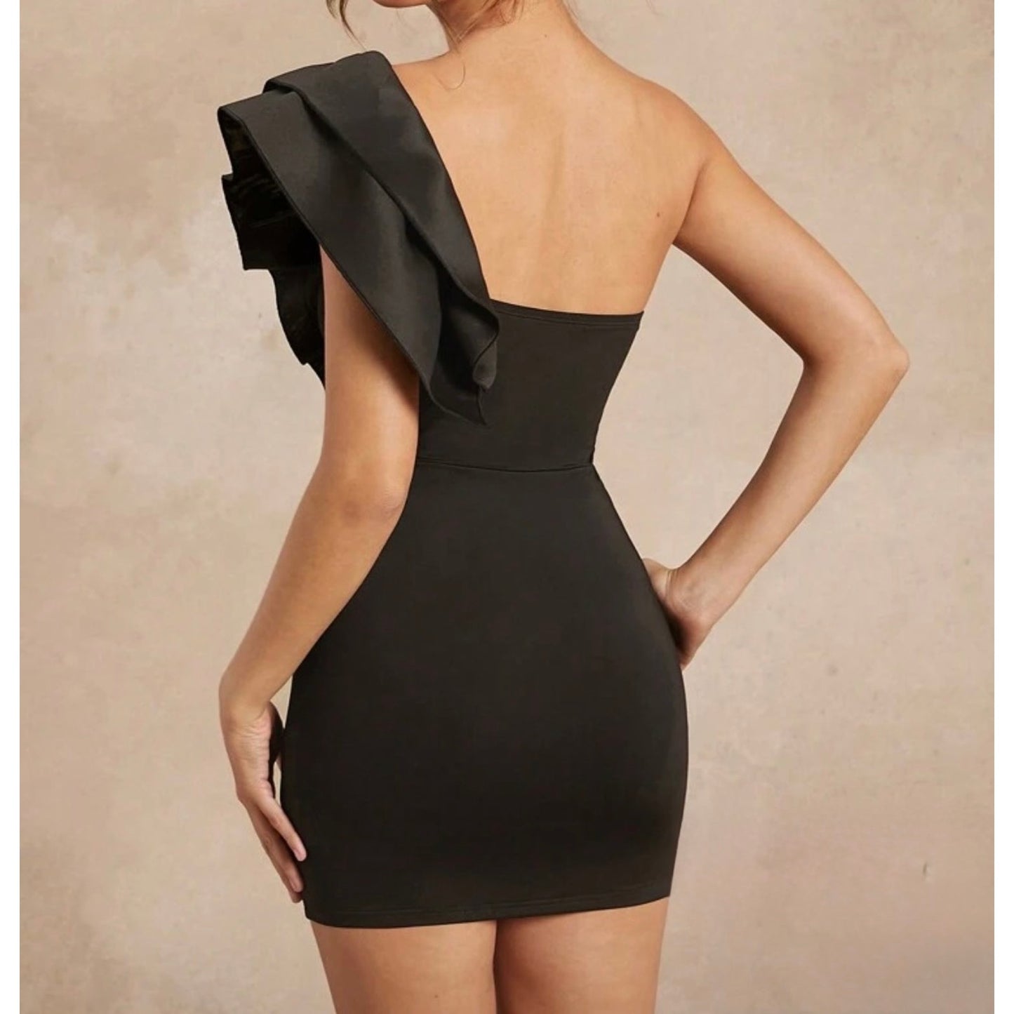 One Shoulder Black Bodycon Mini Dress – Ruffle Sleeve Medium NWT