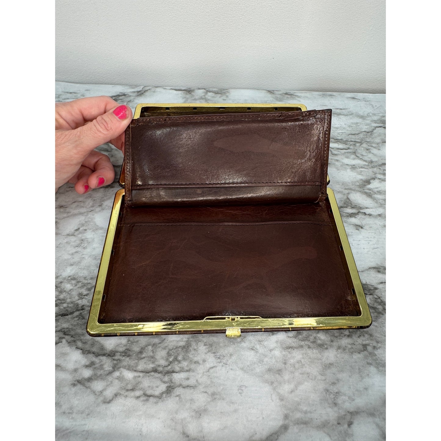 Abas Vintage Framed Clutch Wallet Brown Croc Embossed Leather Cache