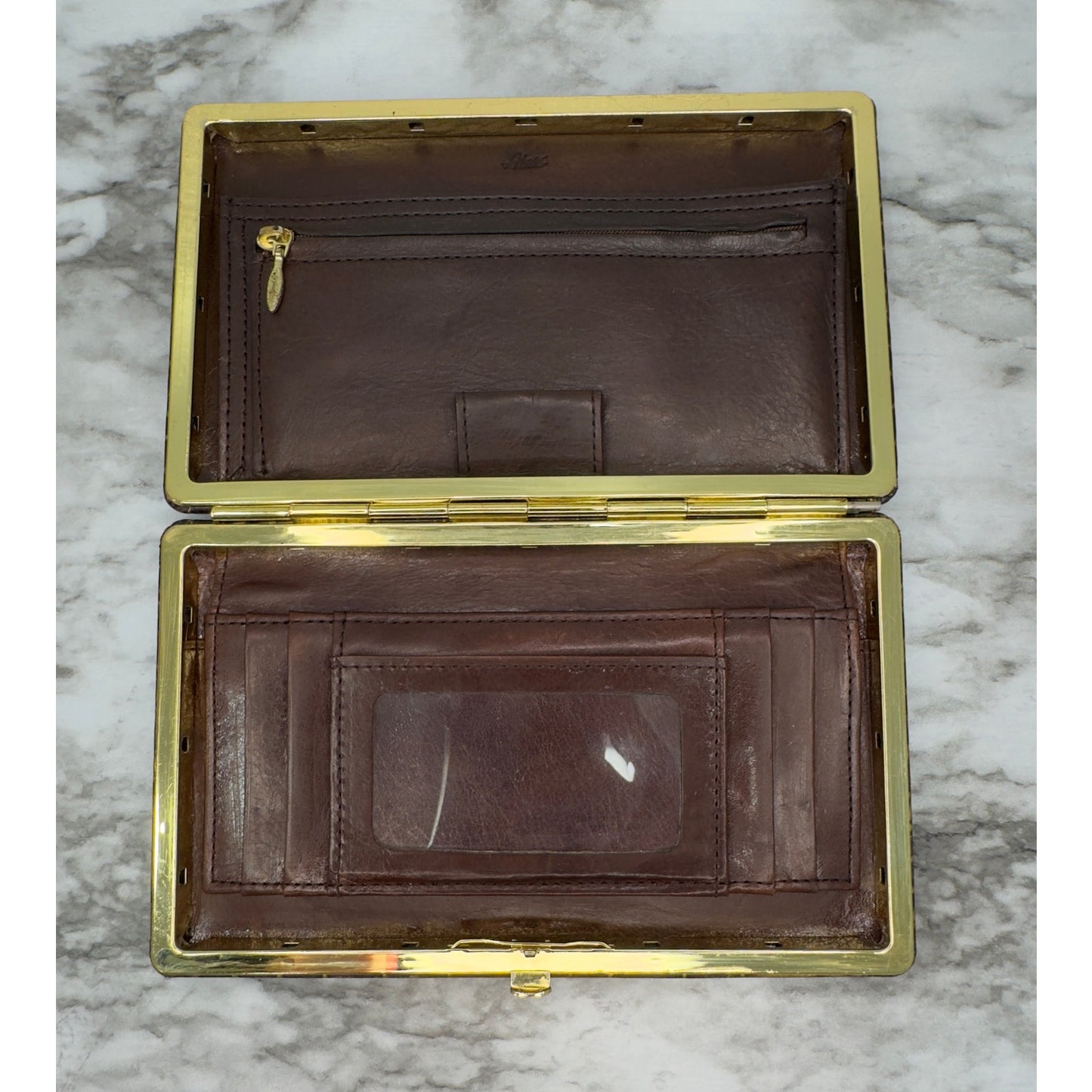 Abas Vintage Framed Clutch Wallet Brown Croc Embossed Leather Cache