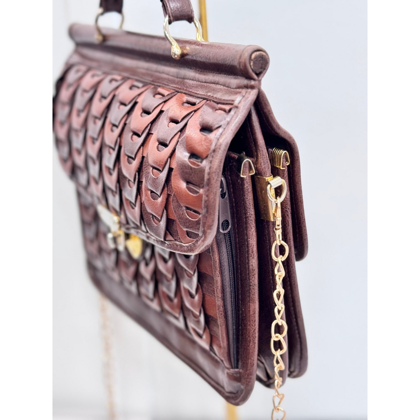 Vintage Woven Turnlock Satchel Bag Crossbody
