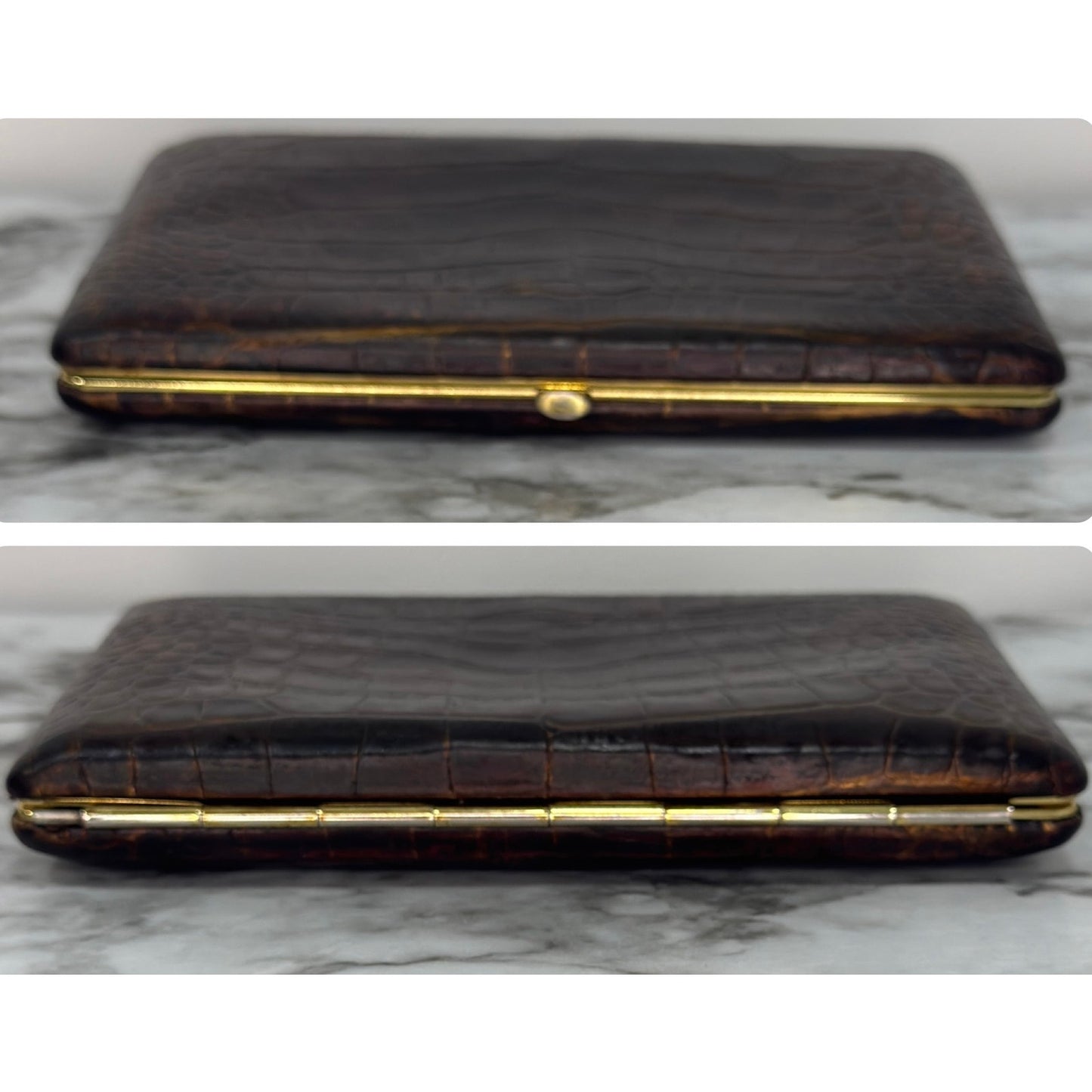 Abas Vintage Framed Clutch Wallet Brown Croc Embossed Leather Cache