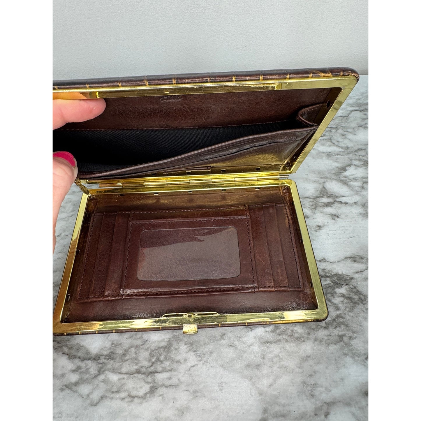Abas Vintage Framed Clutch Wallet Brown Croc Embossed Leather Cache