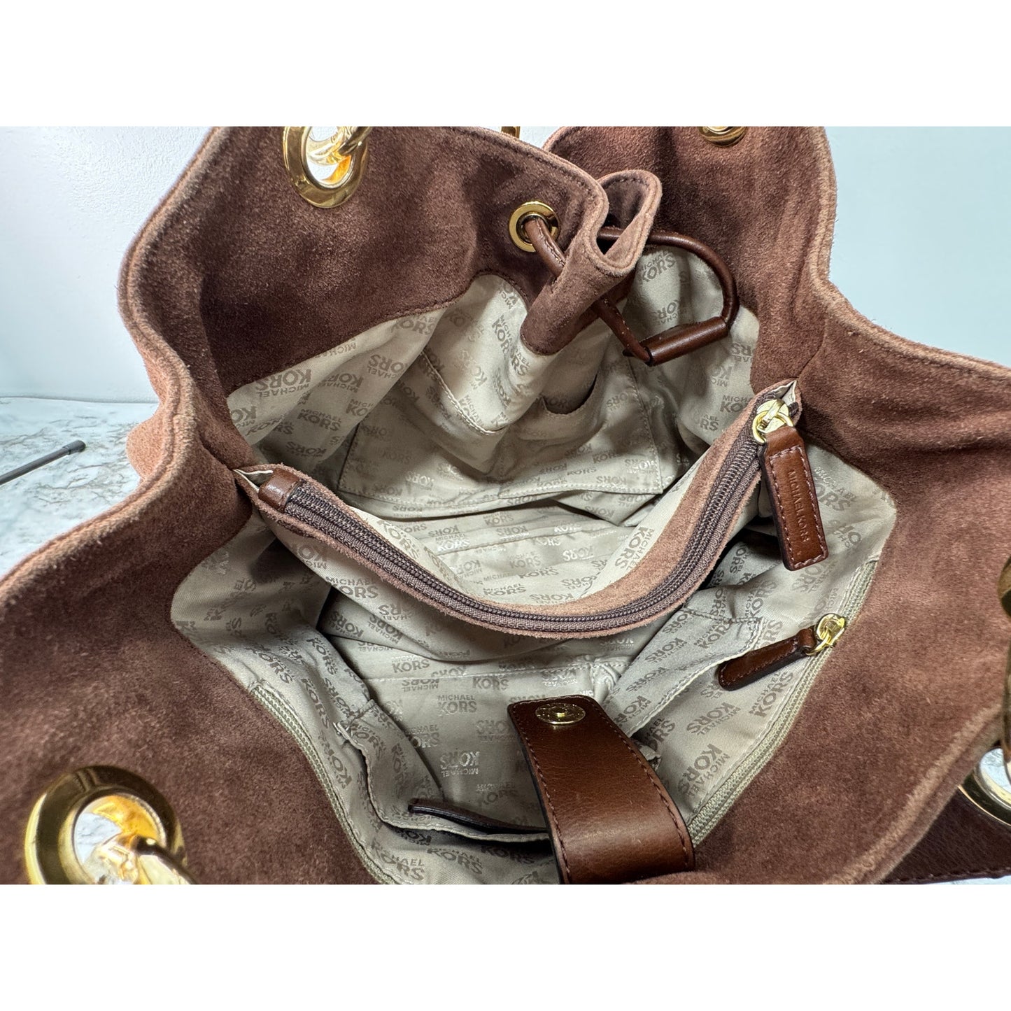 Michael Kors Brown Suede Leather Hobo Shoulder Bag | Gold Hardware, Pockets