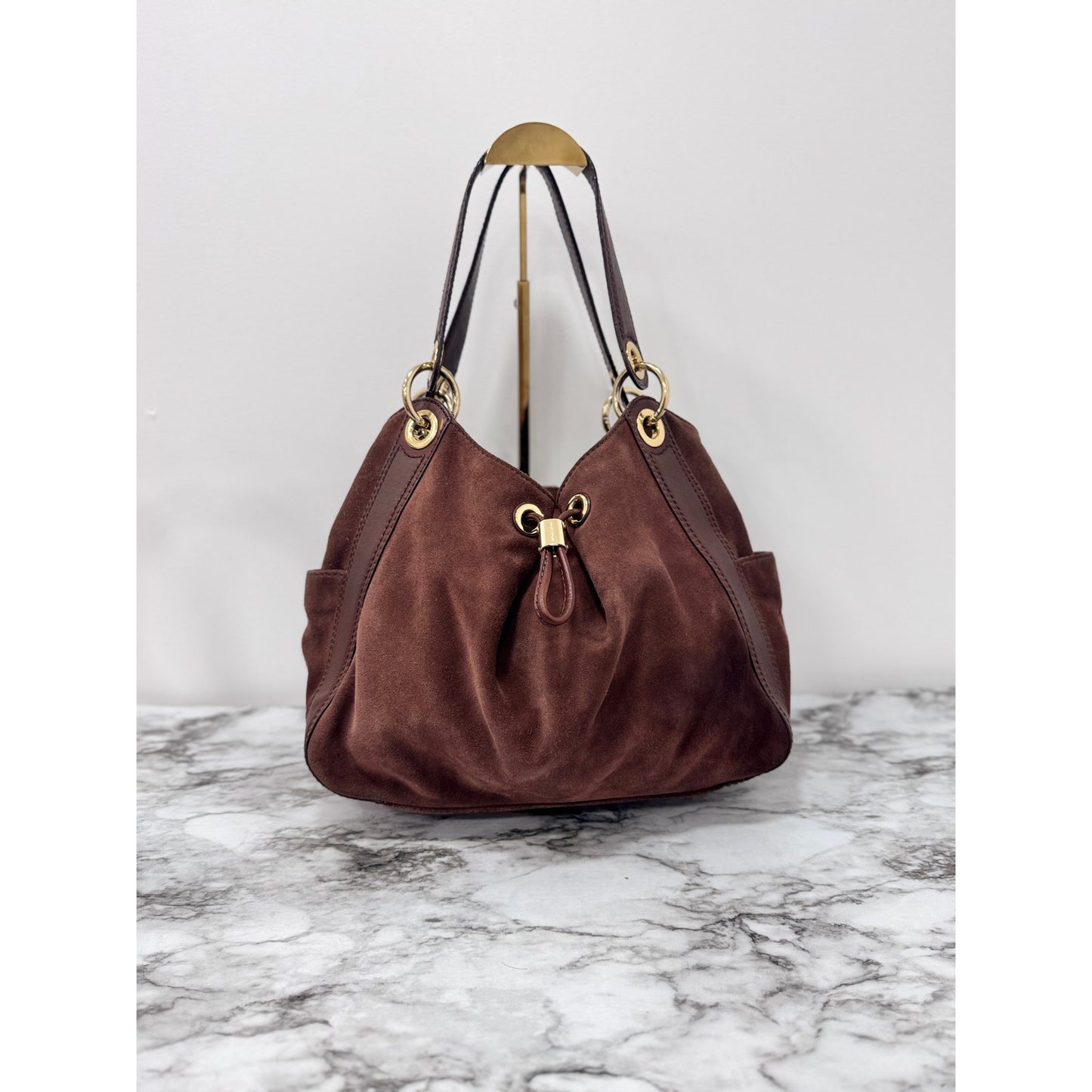 Michael Kors Brown Suede Leather Hobo Shoulder Bag | Gold Hardware, Pockets