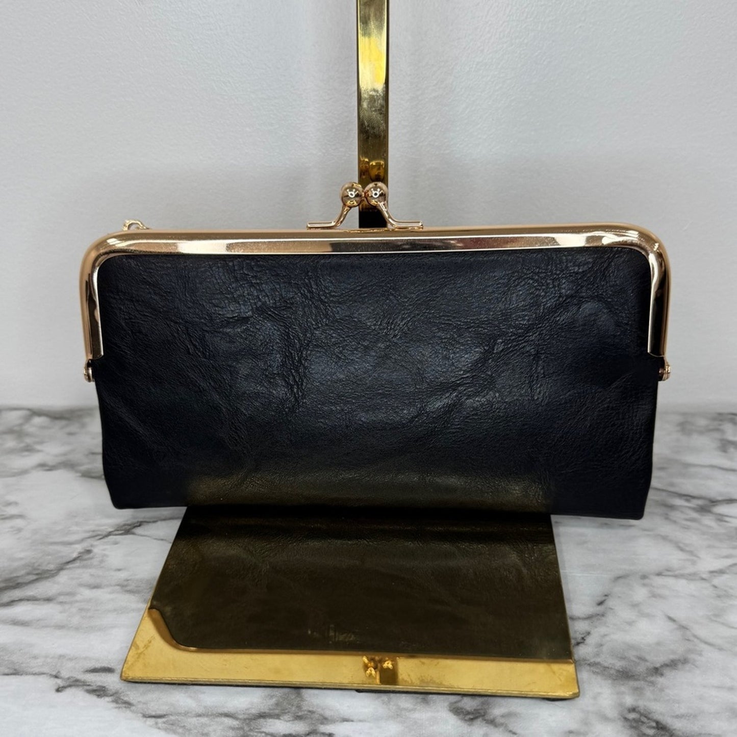 Black Wallet with Gold Kiss Lock & Zipper – Card Slots & ID Window