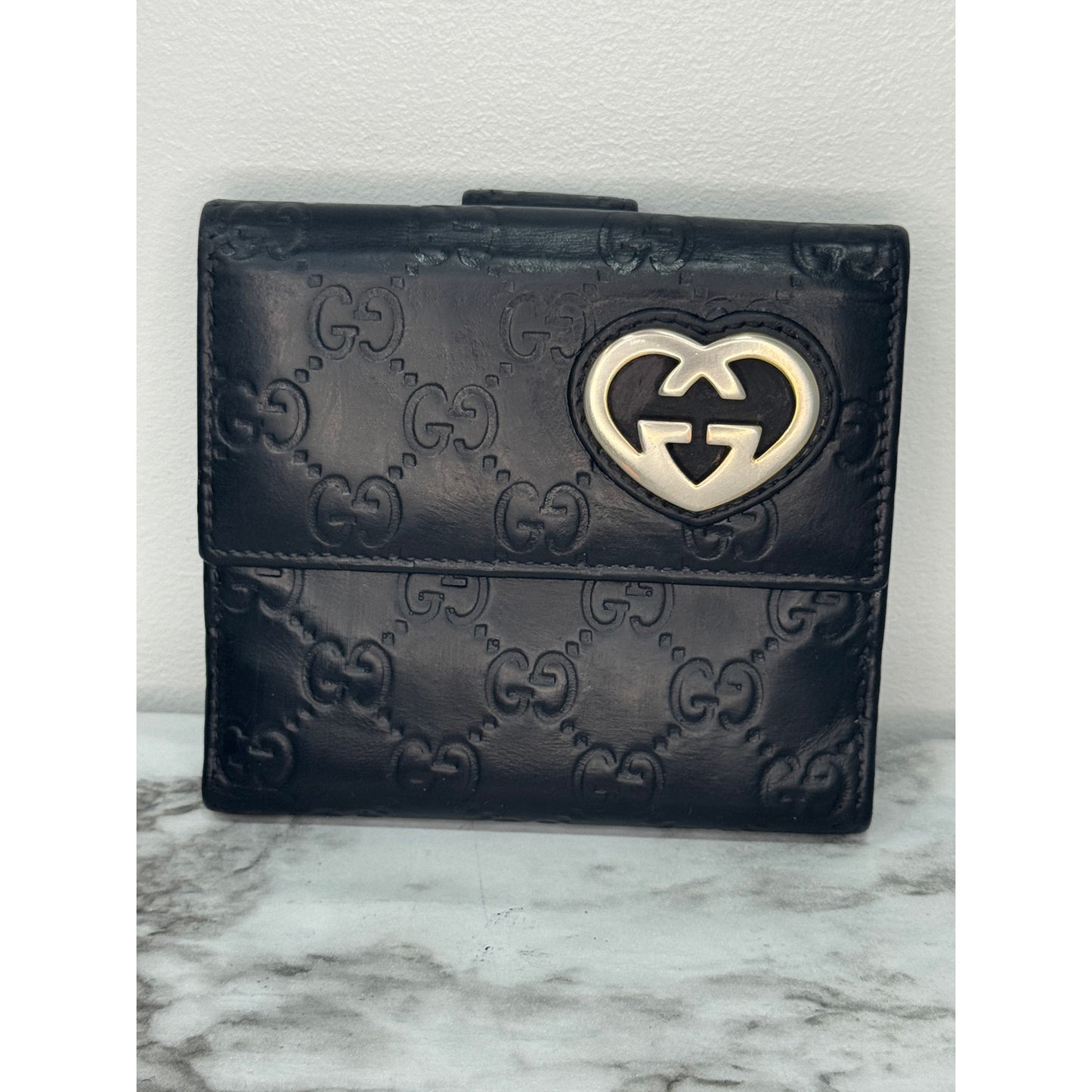 Gucci Guccissima GG Heart Black Leather Bifold Wallet