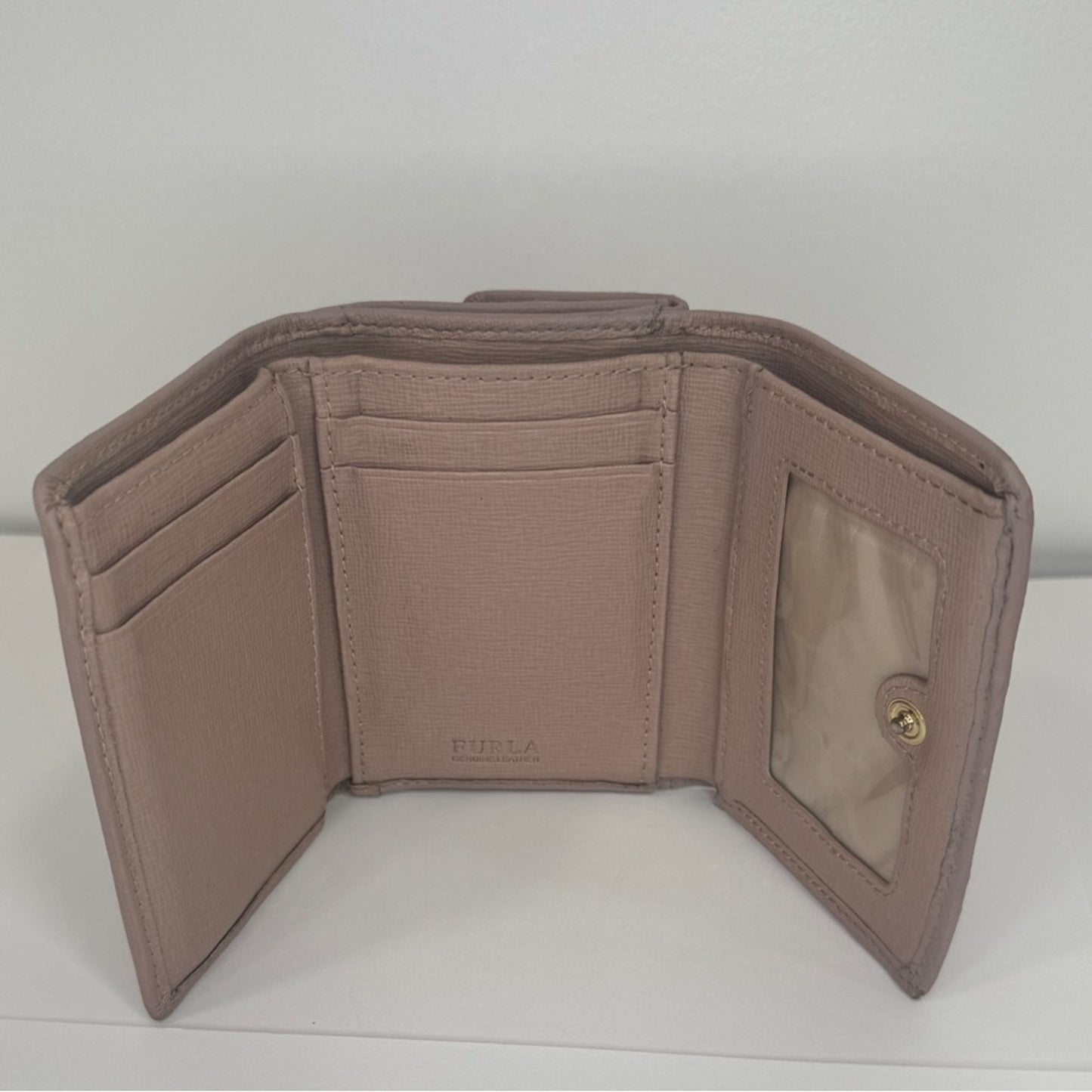 Furla Pink Leather Compact Wallet – Snap Closure, Coin Pocket, Trifold