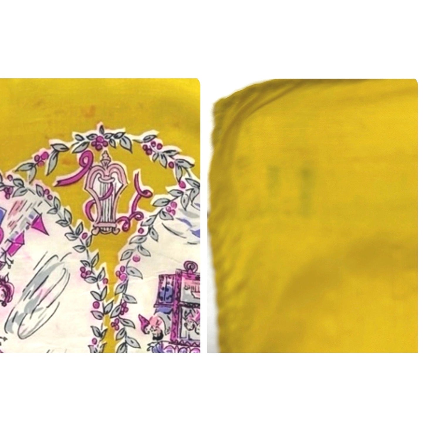 Vintage 1950s Silk Folk Song Scarf – 9 Scenes, Hand Rolled Yellow Hot Pink Print