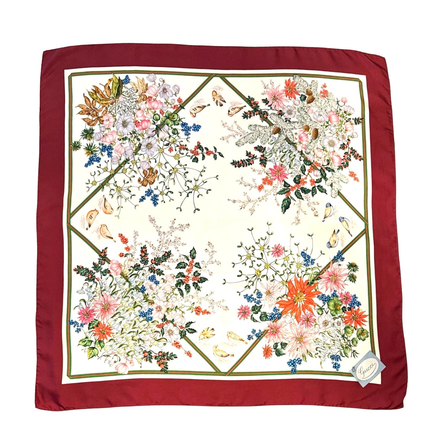 Rare Vintage Gucci Flora Silk Scarf – Burgundy Border, Birds, Rare Ladybug
