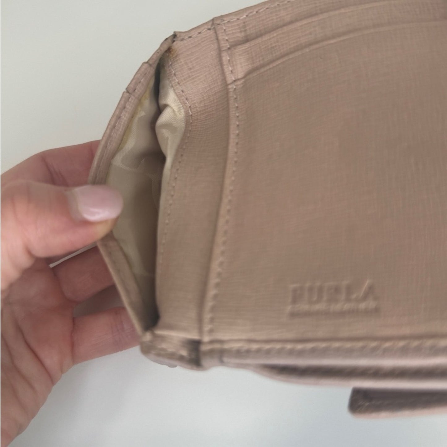 Furla Pink Leather Compact Wallet – Snap Closure, Coin Pocket, Trifold