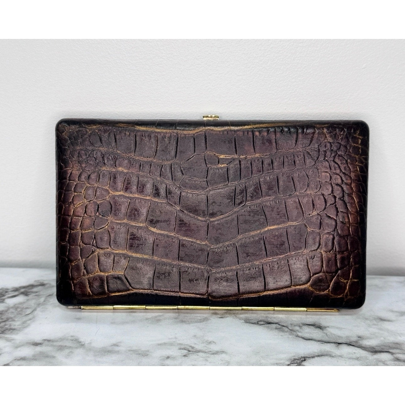 Abas Vintage Framed Clutch Wallet Brown Croc Embossed Leather Cache