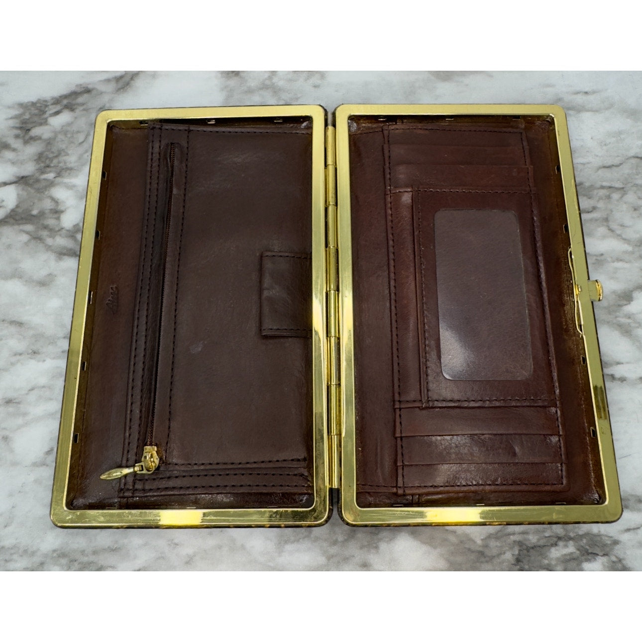 Abas Vintage Framed Clutch Wallet Brown Croc Embossed Leather Cache