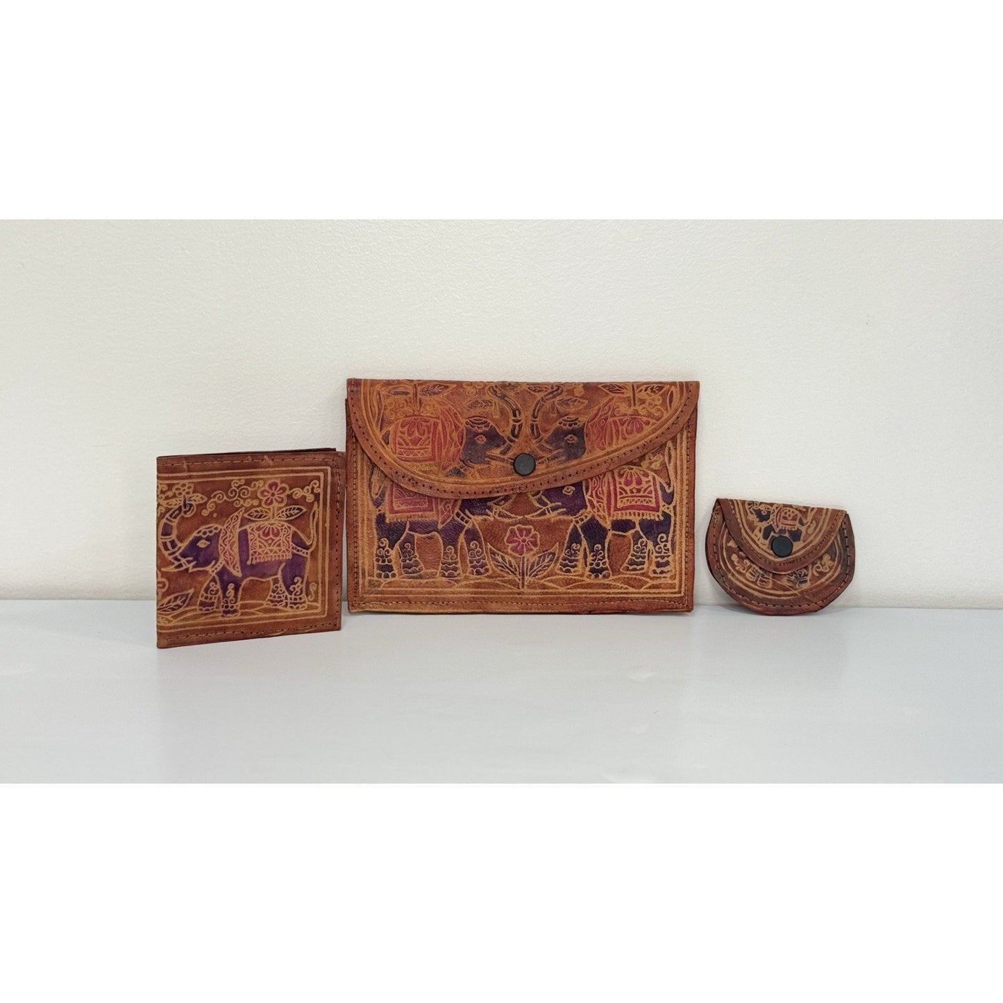 Vintage 3-Piece Leather Elephant Clutch Wallet Coin Hand Tooled India