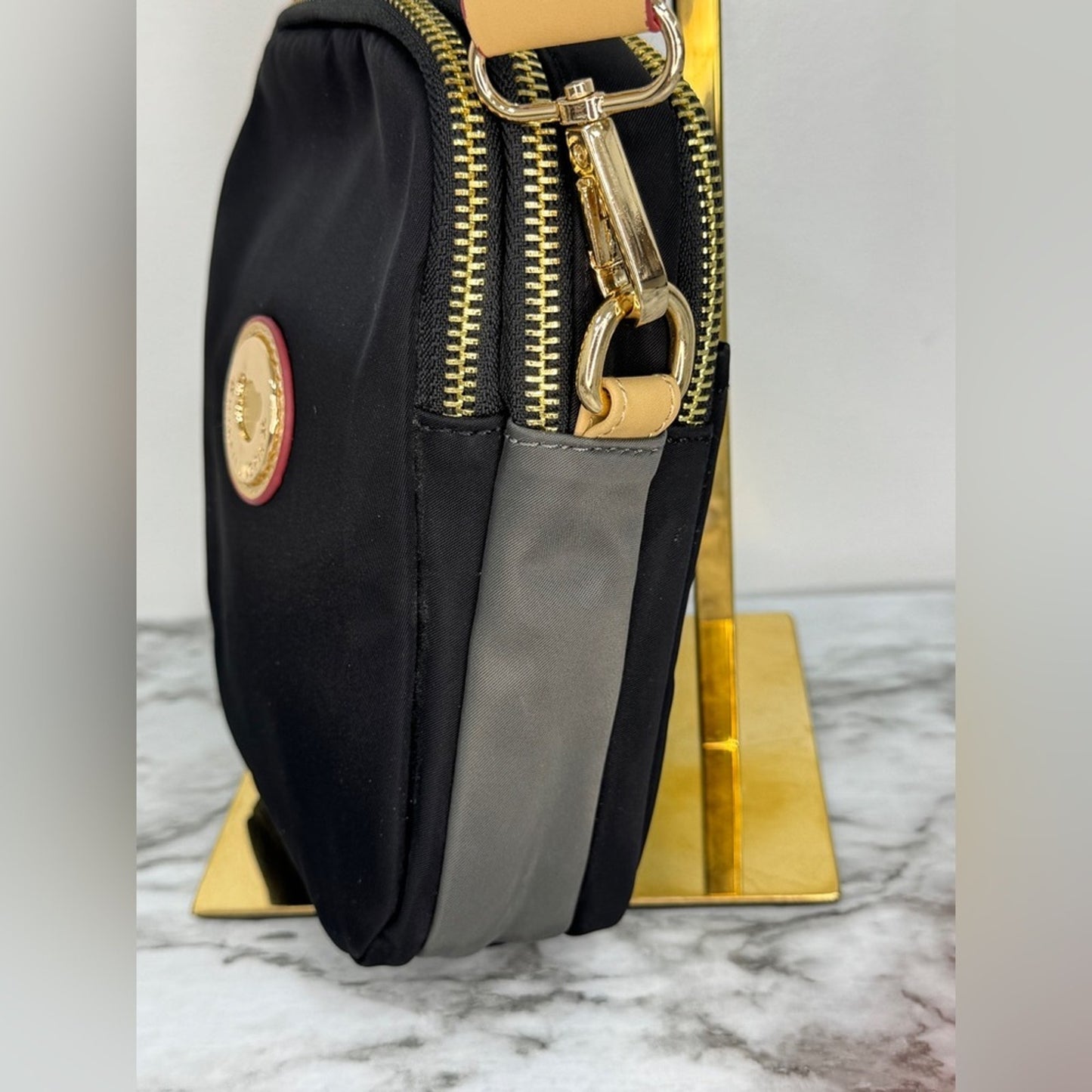 Wakati JingPin Black & Gray Nylon Crossbody Bag w/ Triple Compartments