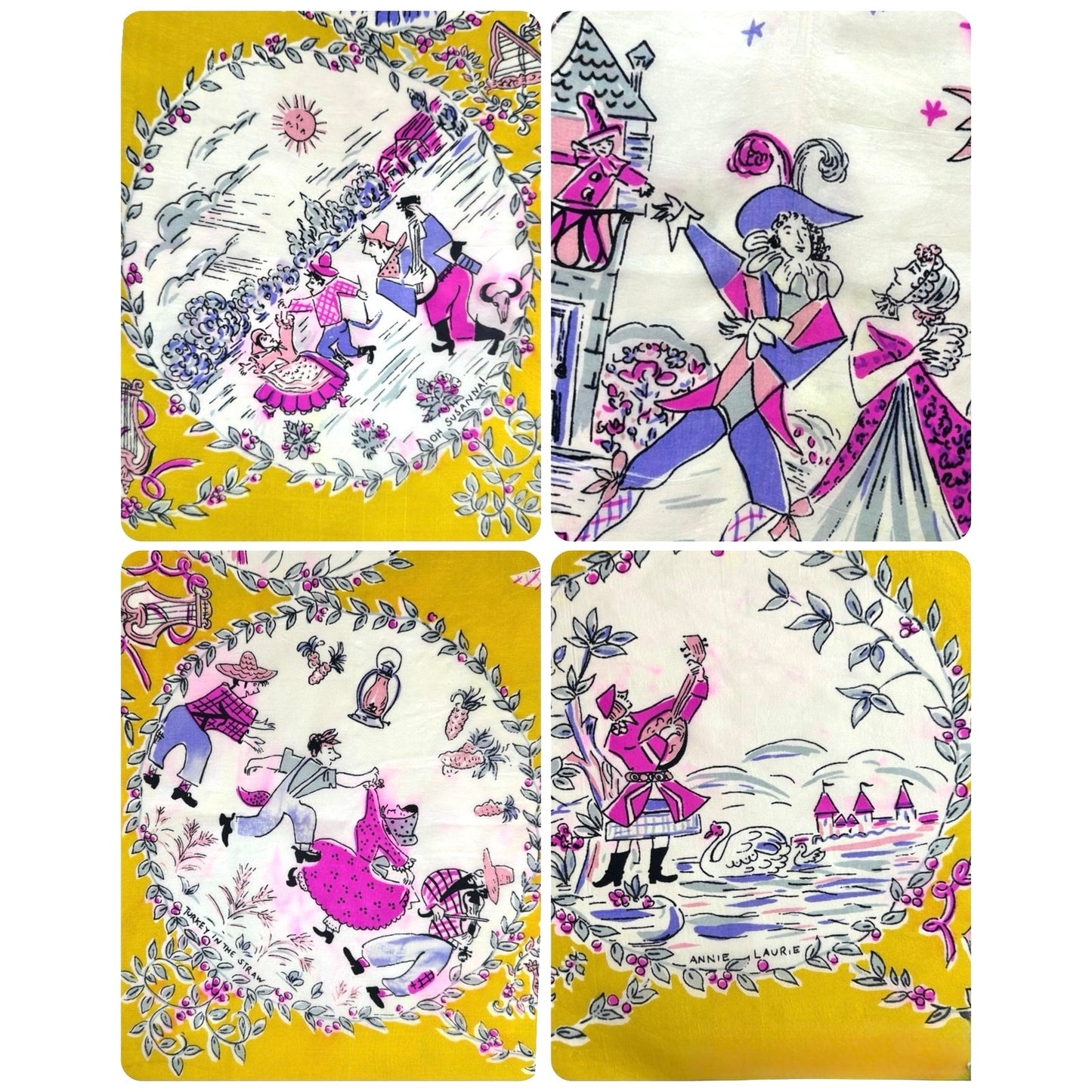 Vintage 1950s Silk Folk Song Scarf – 9 Scenes, Hand Rolled Yellow Hot Pink Print