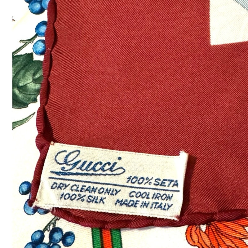 Rare Vintage Gucci Flora Silk Scarf – Burgundy Border, Birds, Rare Ladybug