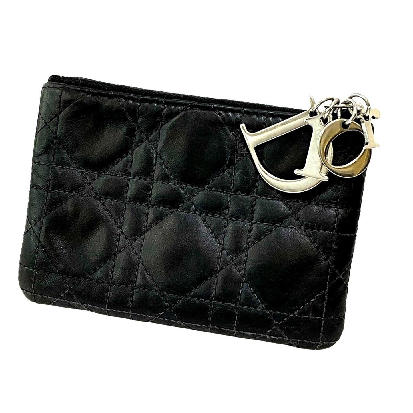 Christian Dior Black Lambskin Leather Zip Wallet Card Key Holder