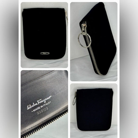 Salvatore Ferragamo Black Rare Canvas Leather Compact Zip Around Vintage