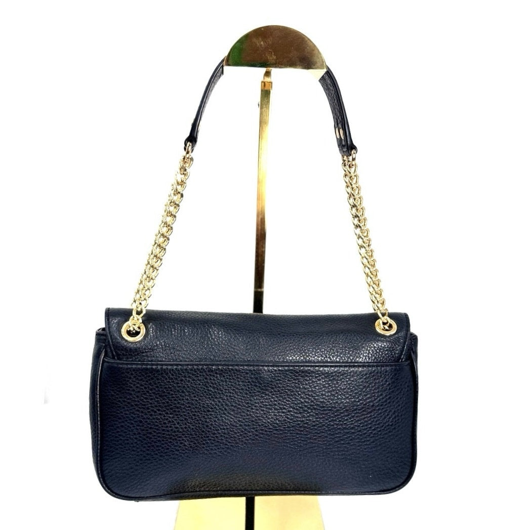 Michael Kors Fulton Flap Black Leather Shoulder Bag Gold Chain Strap