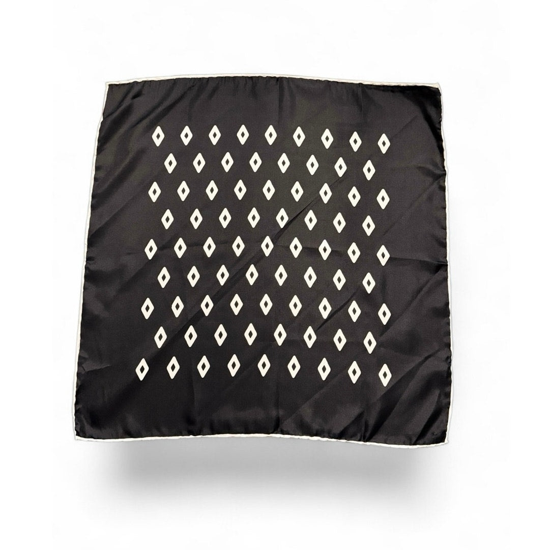 Vintage Silk Square Hand-Rolled Hem | Black & White Geometric Diamond Print
