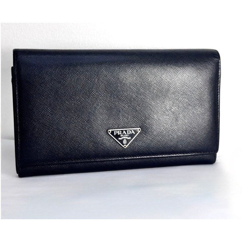 Prada Saffiano Black Leather Flap Continental Long Wallet with Chain