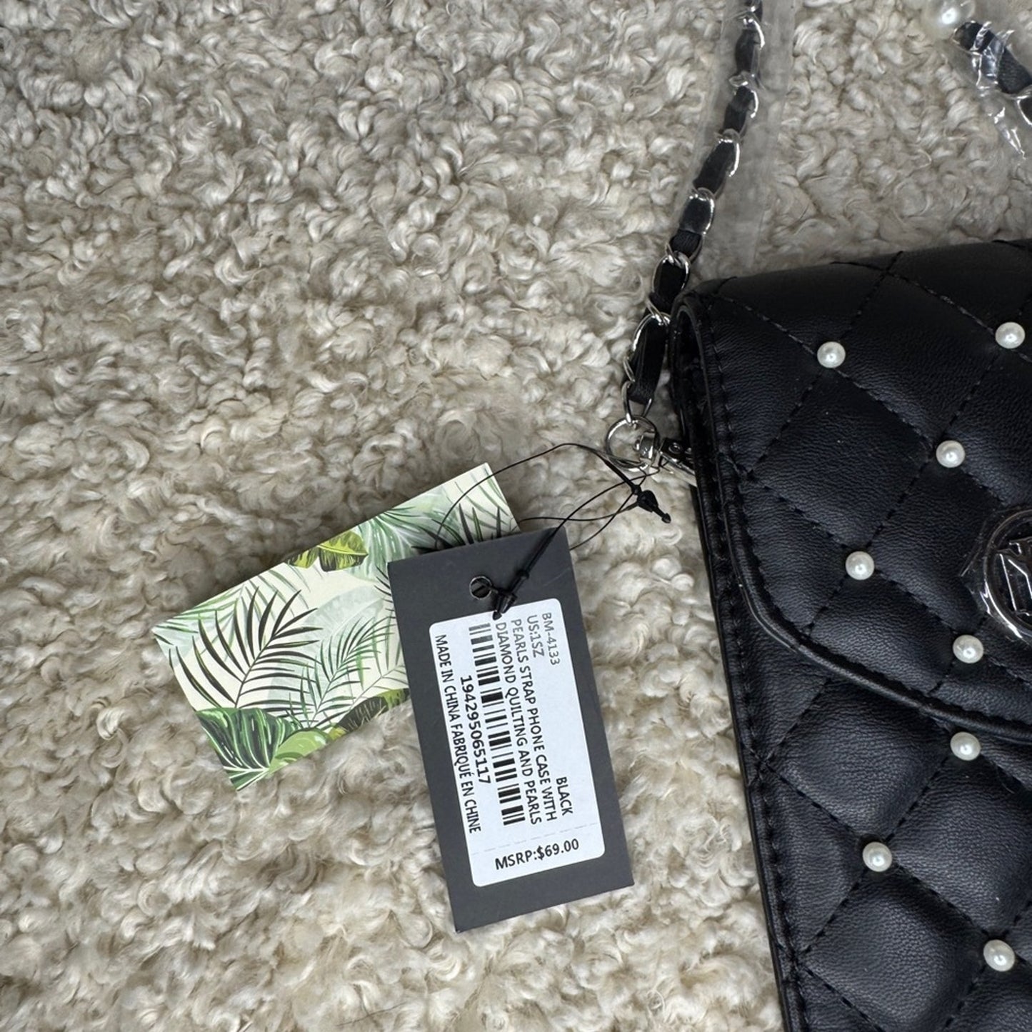 Badgley Mischka Quilted Pearl Chain Crossbody Phone Case – Vegan Leather, Black