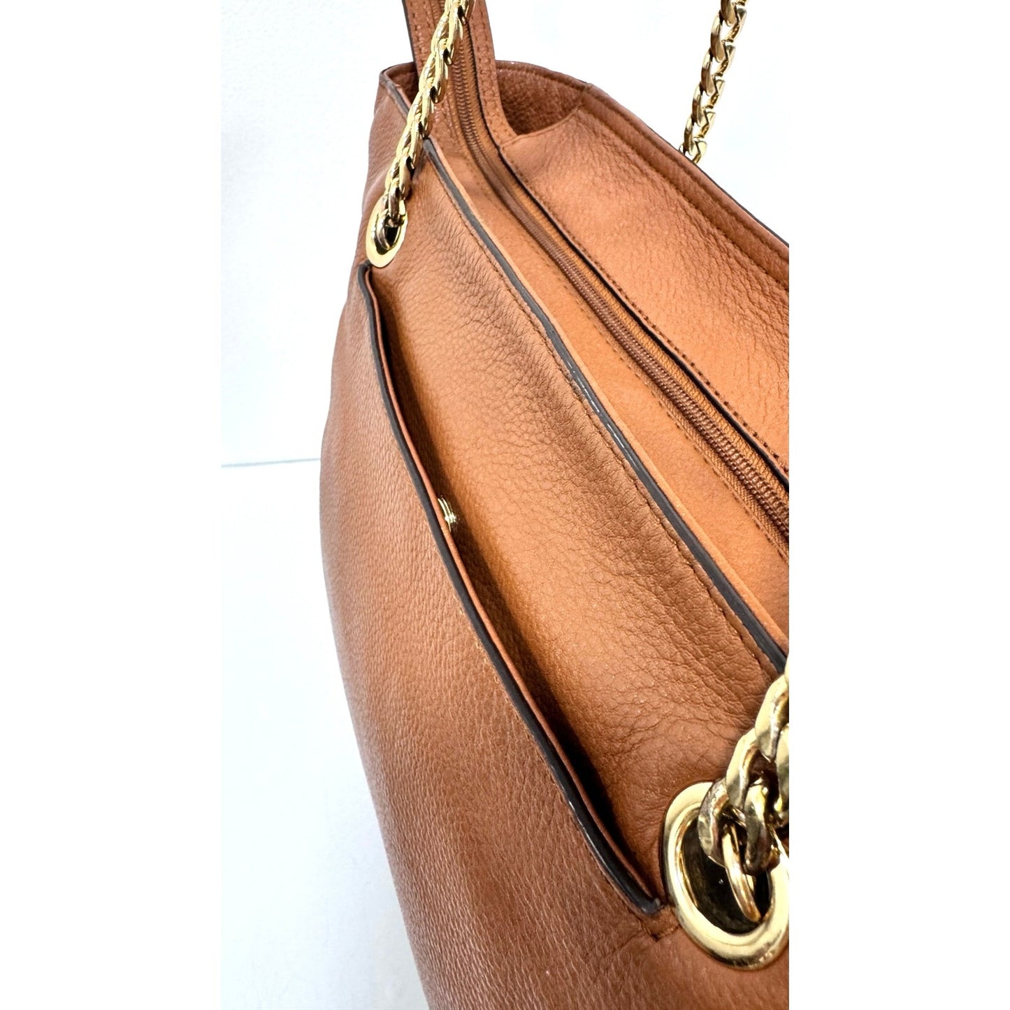 Michael Kors Luggage Brown Pebbled Leather Chain Tote Bag