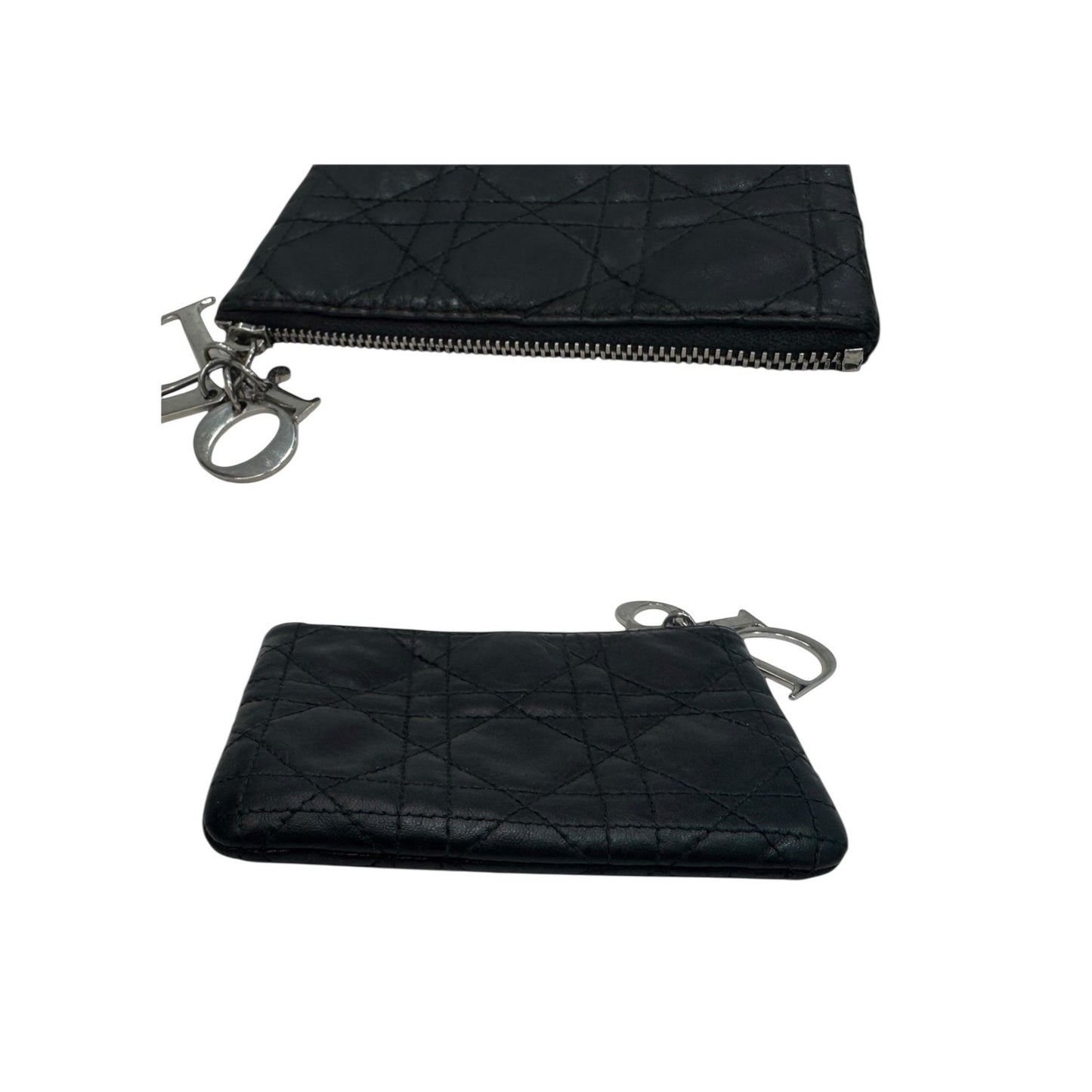 Christian Dior Cannage Quilted Black Leather Zip Pouch Dior Charm