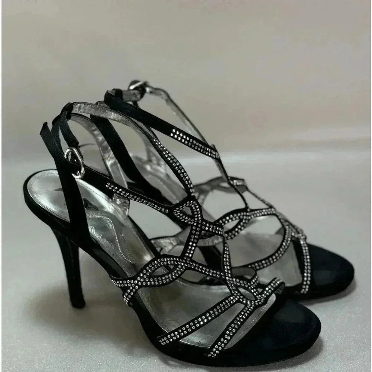 Nina Black Ankle Strap High-Heel Sandal w/ Rhinestone Straps Size 7.5