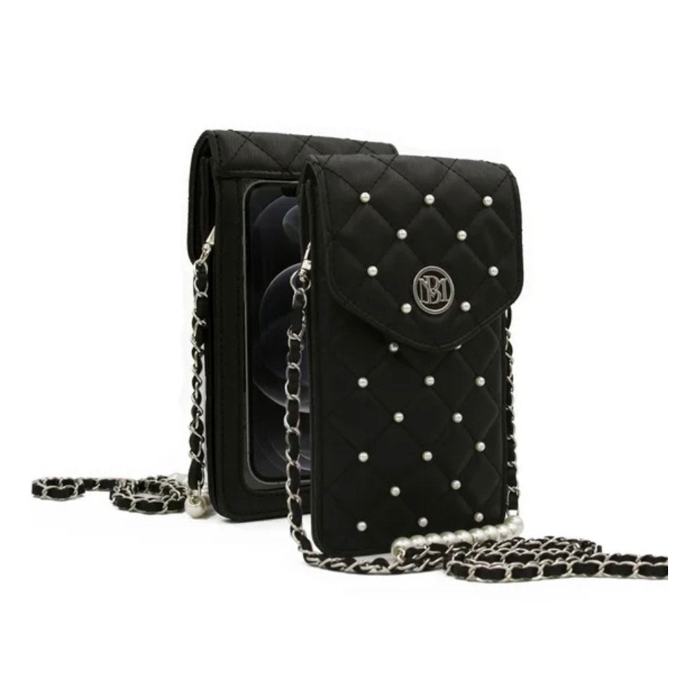 Badgley Mischka Quilted Pearl Chain Crossbody Phone Case – Vegan Leather, Black