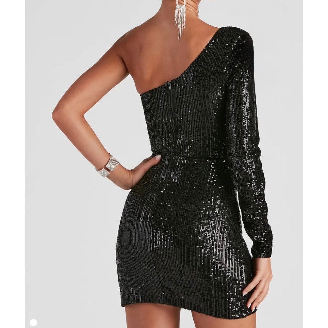 Black Sequin One-Shoulder Long Sleeve Mini Bodycon 
Dress Size Small