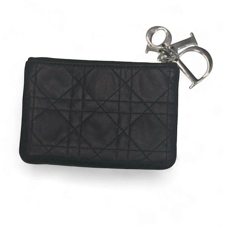Christian Dior Cannage Quilted Black Leather Zip Pouch Dior Charm