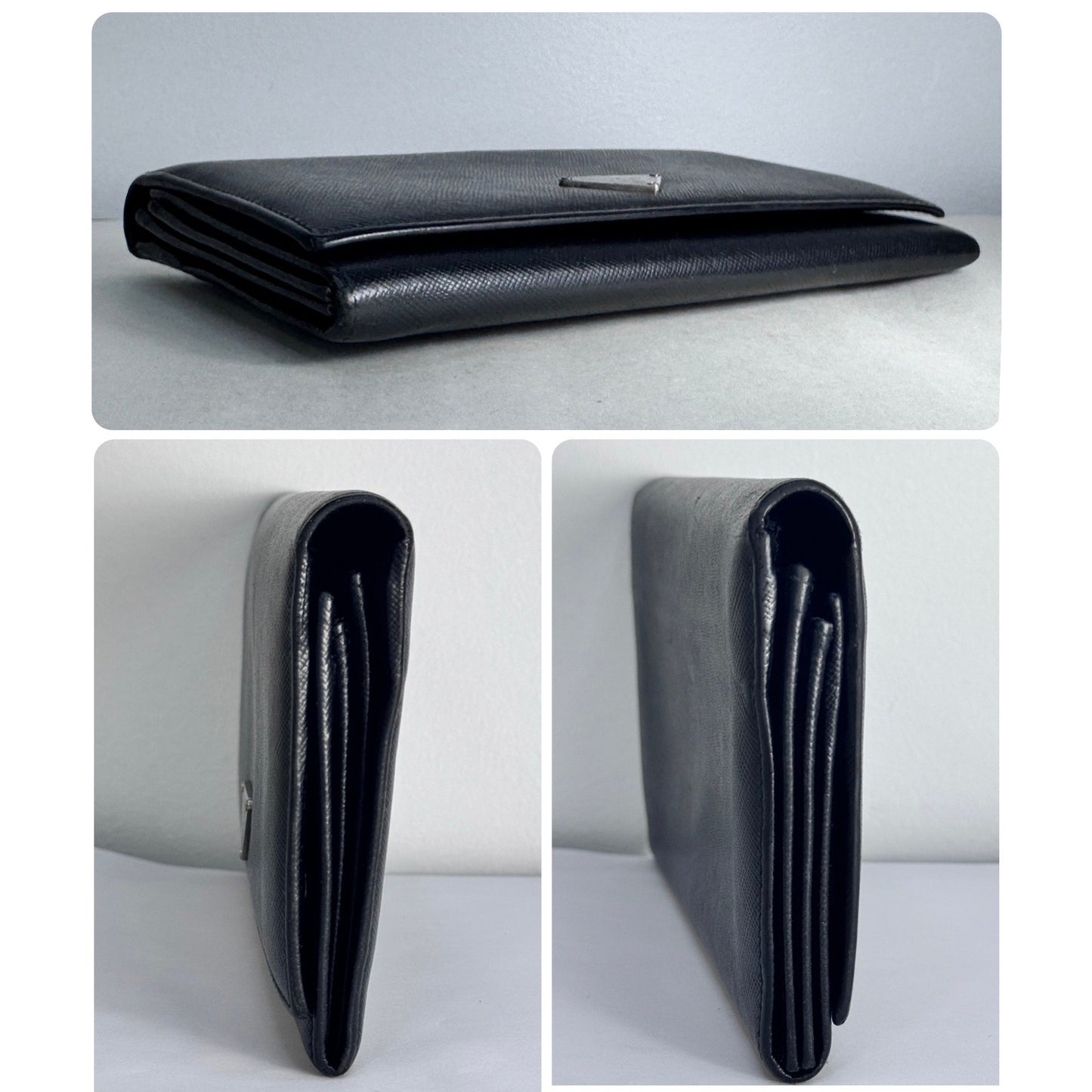 Prada Saffiano Black Leather Flap Continental Long Wallet with Chain