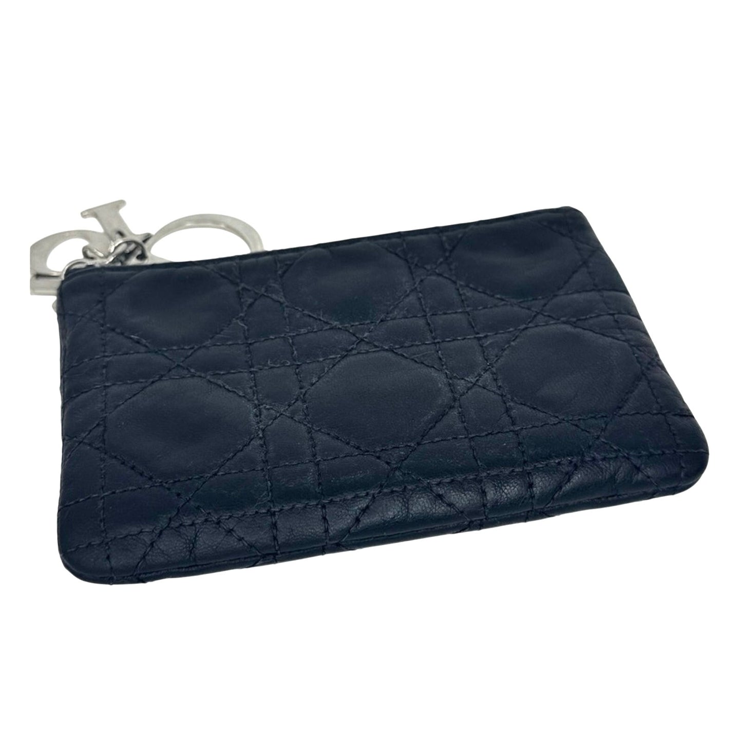 Christian Dior Black Lambskin Leather Zip Wallet Card Key Holder