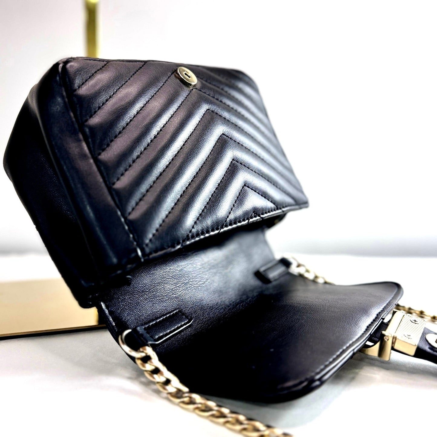 TOPSHOP Quilted Black Crossbody Bag with Gold Chain Strap