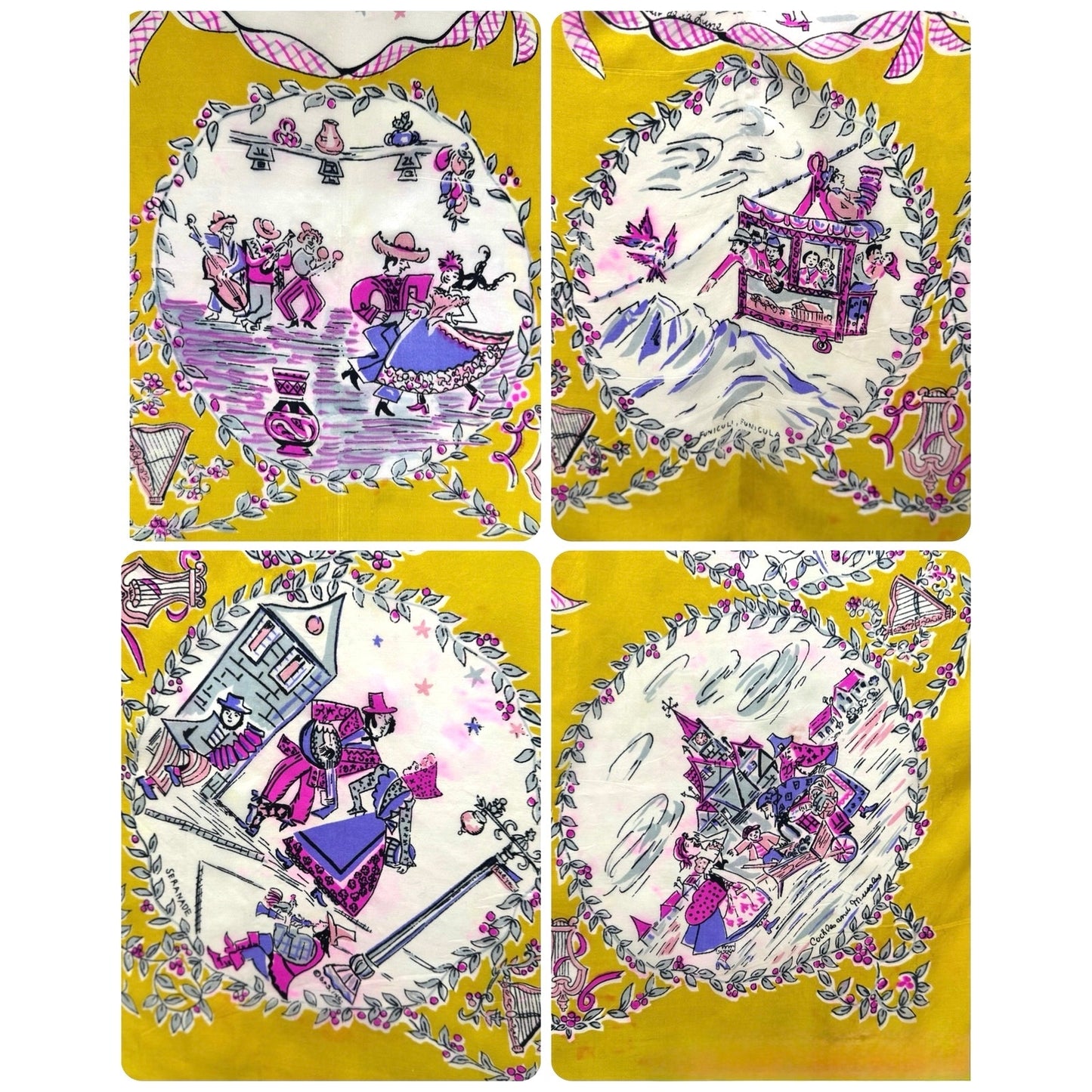 Vintage 1950s Silk Folk Song Scarf – 9 Scenes, Hand Rolled Yellow Hot Pink Print