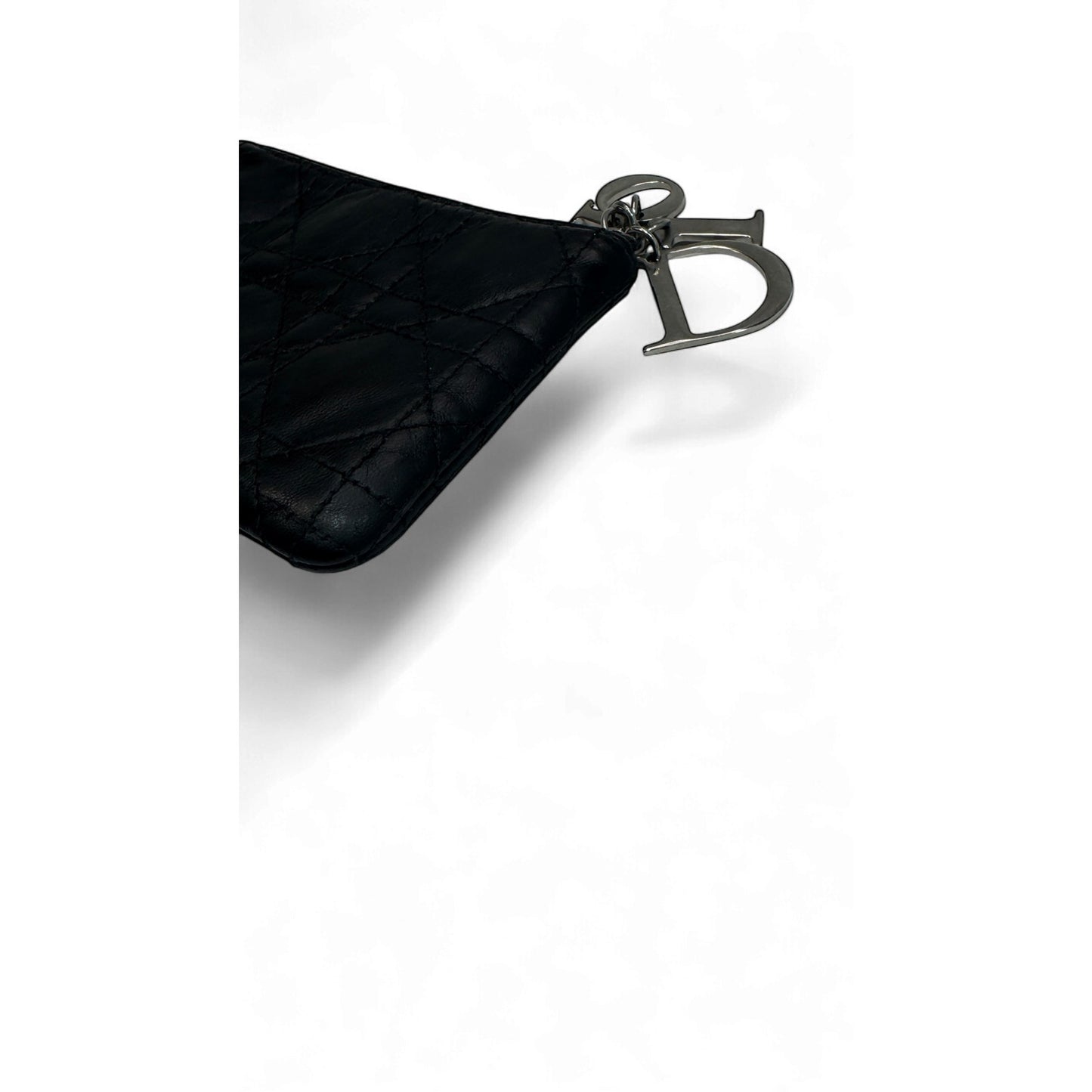 Christian Dior Cannage Quilted Black Leather Zip Pouch Dior Charm