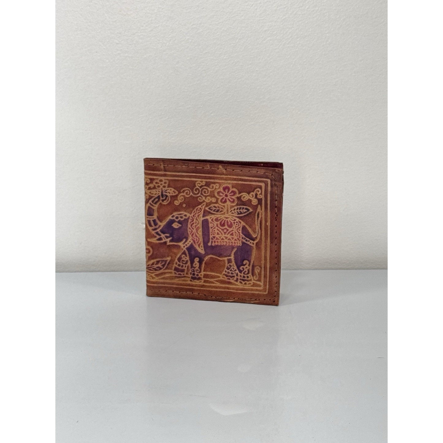 Vintage 3-Piece Leather Elephant Clutch Wallet Coin Hand Tooled India